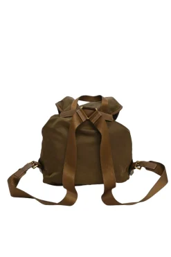 Brown Re-nylon and leather twill rucksack backpack with metal and enamel logo plaque appliqué
