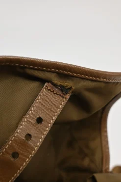 Brown Re-nylon and leather twill rucksack backpack with metal and enamel logo plaque appliqué