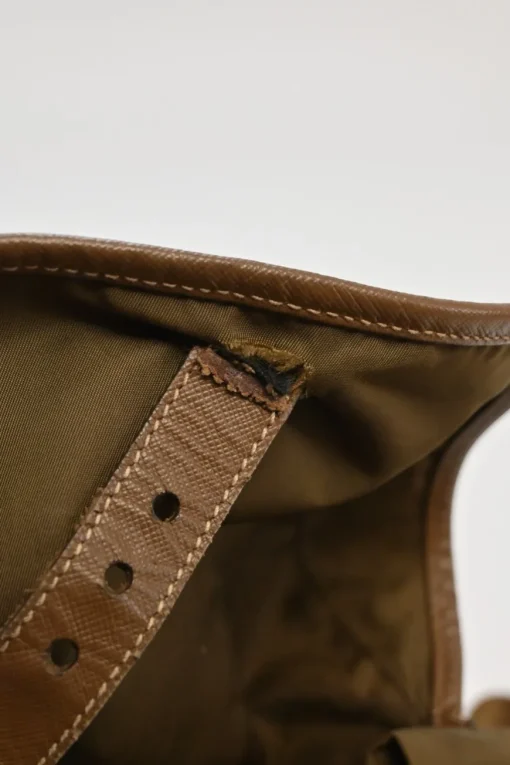 Brown Re-nylon and leather twill rucksack backpack with metal and enamel logo plaque appliqué