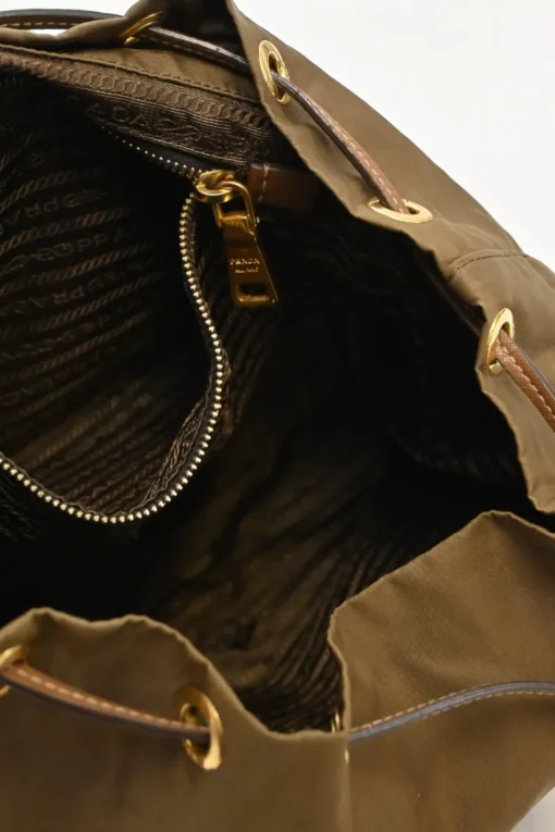 Brown Re-nylon and leather twill rucksack backpack with metal and enamel logo plaque appliqué