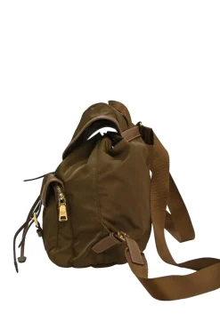 Brown Re-nylon and leather twill rucksack backpack with metal and enamel logo plaque appliqué