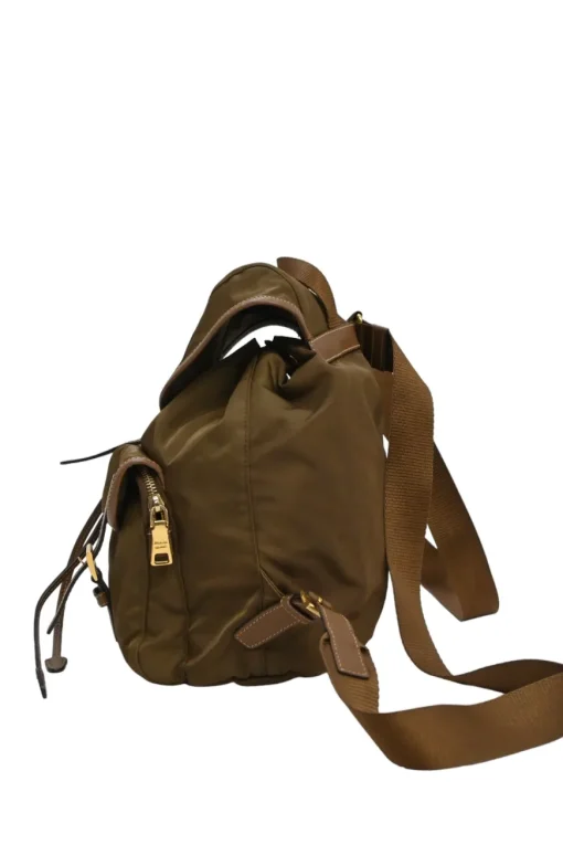 Brown Re-nylon and leather twill rucksack backpack with metal and enamel logo plaque appliqué