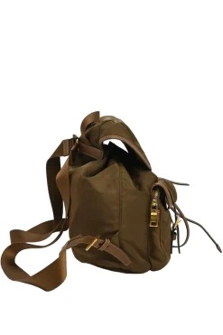 Brown Re-nylon and leather twill rucksack backpack with metal and enamel logo plaque appliqué