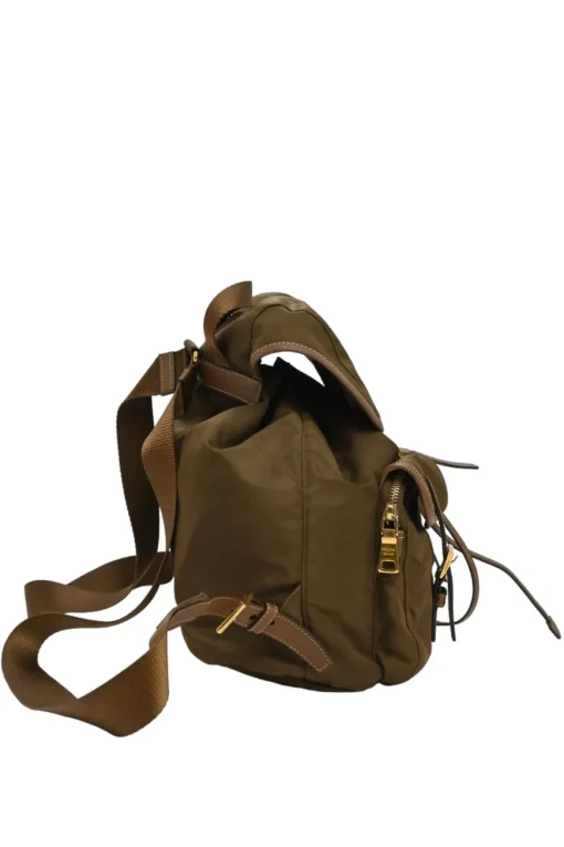 Brown Re-nylon and leather twill rucksack backpack with metal and enamel logo plaque appliqué
