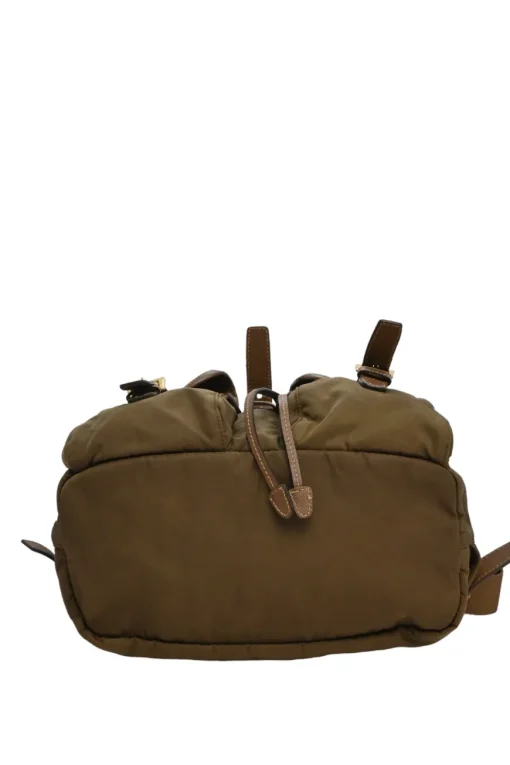 Brown Re-nylon and leather twill rucksack backpack with metal and enamel logo plaque appliqué