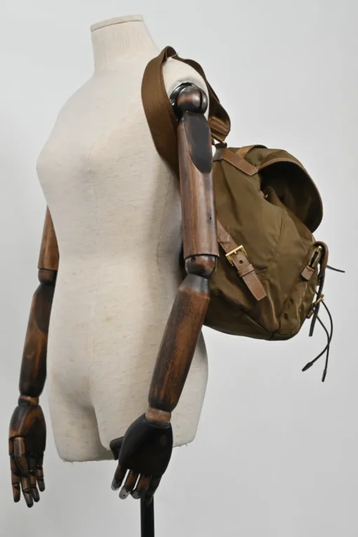 Brown Re-nylon and leather twill rucksack backpack with metal and enamel logo plaque appliqué
