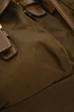 Brown Re-nylon and leather twill rucksack backpack with metal and enamel logo plaque appliqué