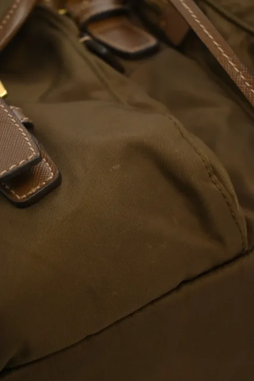 Brown Re-nylon and leather twill rucksack backpack with metal and enamel logo plaque appliqué