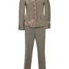 Brown ribbon-embellished wool-blend herringbone tweed notch lapel tailored jacket and wide leg tailored trouser suit set