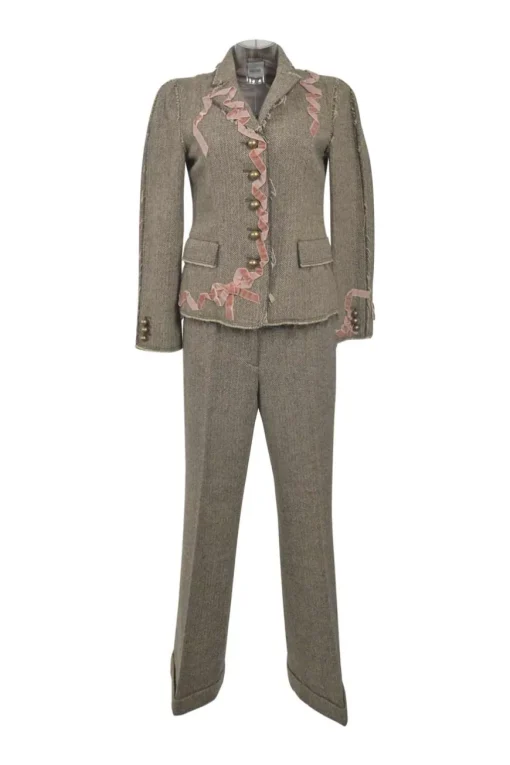 Brown ribbon-embellished wool-blend herringbone tweed notch lapel tailored jacket and wide leg tailored trouser suit set