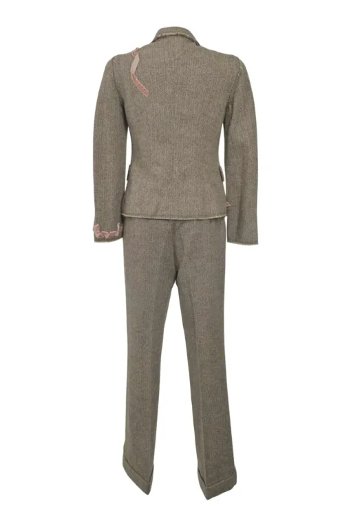 Brown ribbon-embellished wool-blend herringbone tweed notch lapel tailored jacket and wide leg tailored trouser suit set