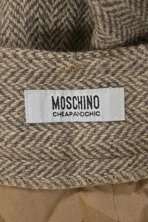Brown ribbon-embellished wool-blend herringbone tweed notch lapel tailored jacket and wide leg tailored trouser suit set
