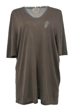 Brown semi-sheer cotton interlock jersey knit pullover T-shirt