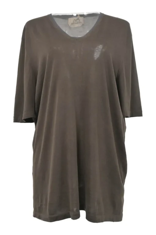 Brown semi-sheer cotton interlock jersey knit pullover T-shirt