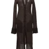 Brown semi-sheer kid mohair-blend jersey knit button-front long cardigan with bell sleeves