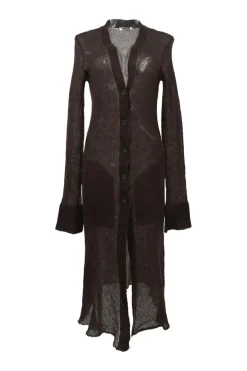 Brown semi-sheer kid mohair-blend jersey knit button-front long cardigan with bell sleeves