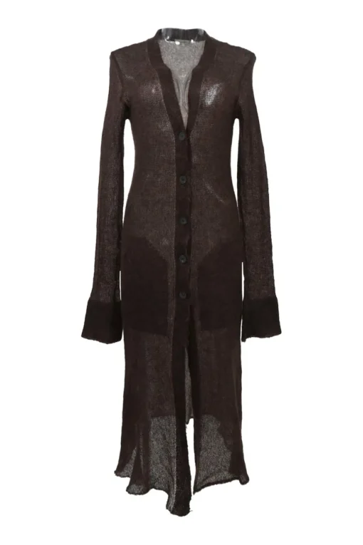 Brown semi-sheer kid mohair-blend jersey knit button-front long cardigan with bell sleeves