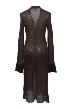 Brown semi-sheer kid mohair-blend jersey knit button-front long cardigan with bell sleeves
