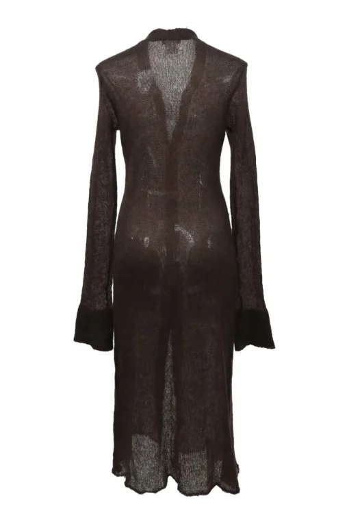 Brown semi-sheer kid mohair-blend jersey knit button-front long cardigan with bell sleeves