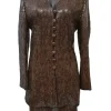 Brown sequined silk collarless tailored jacket and pencil skirt suit set with leather shank button closure