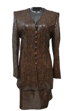 Brown sequined silk collarless tailored jacket and pencil skirt suit set with leather shank button closure