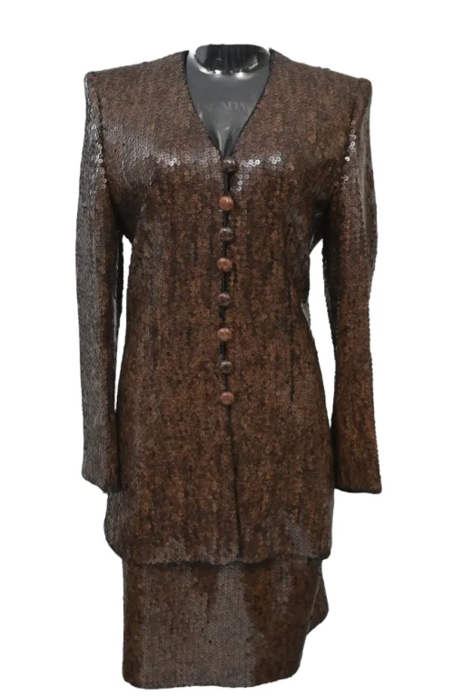 Brown sequined silk collarless tailored jacket and pencil skirt suit set with leather shank button closure
