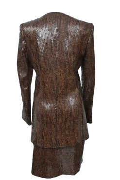 Brown sequined silk collarless tailored jacket and pencil skirt suit set with leather shank button closure