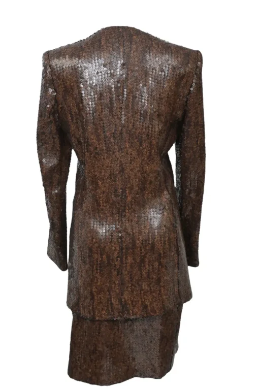 Brown sequined silk collarless tailored jacket and pencil skirt suit set with leather shank button closure