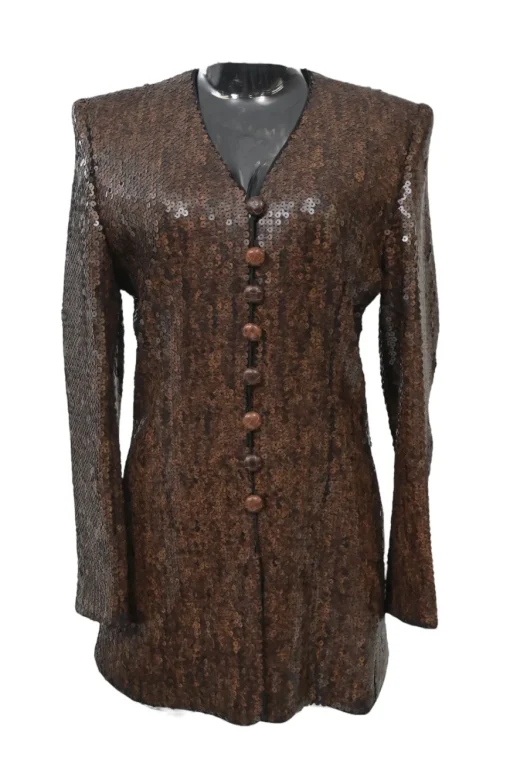 Brown sequined silk collarless tailored jacket and pencil skirt suit set with leather shank button closure