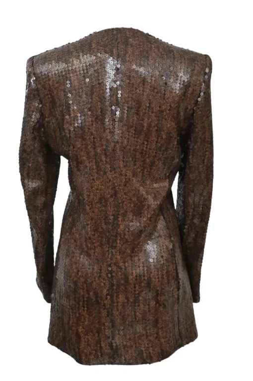 Brown sequined silk collarless tailored jacket and pencil skirt suit set with leather shank button closure