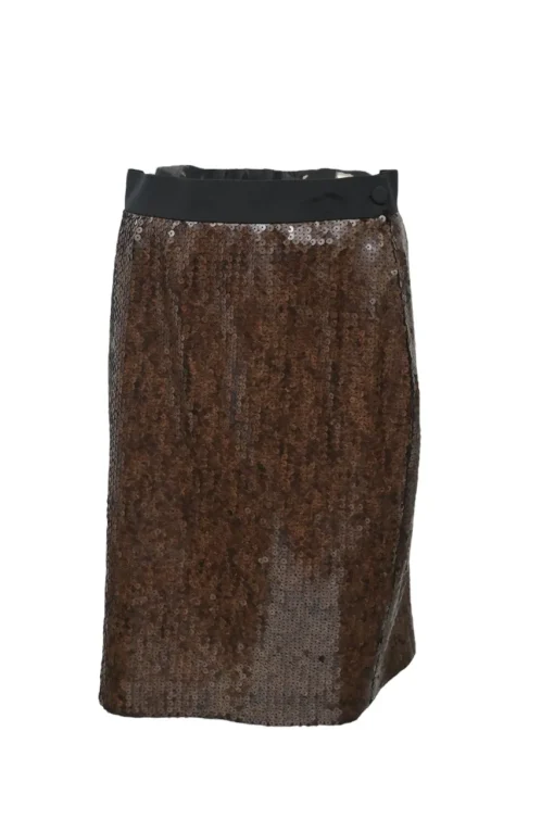 Brown sequined silk collarless tailored jacket and pencil skirt suit set with leather shank button closure