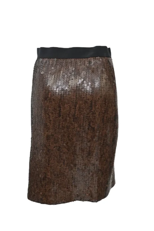 Brown sequined silk collarless tailored jacket and pencil skirt suit set with leather shank button closure