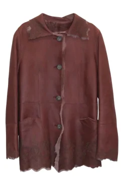 Brown sheepskin button-front scallop collar jacket with eyelet punch floral motif