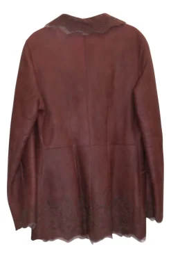 Brown sheepskin button-front scallop collar jacket with eyelet punch floral motif