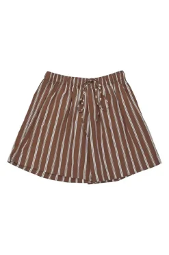 Brown striped cotton poplin spread collar button-front oversized shirt and pull-on short lounge set