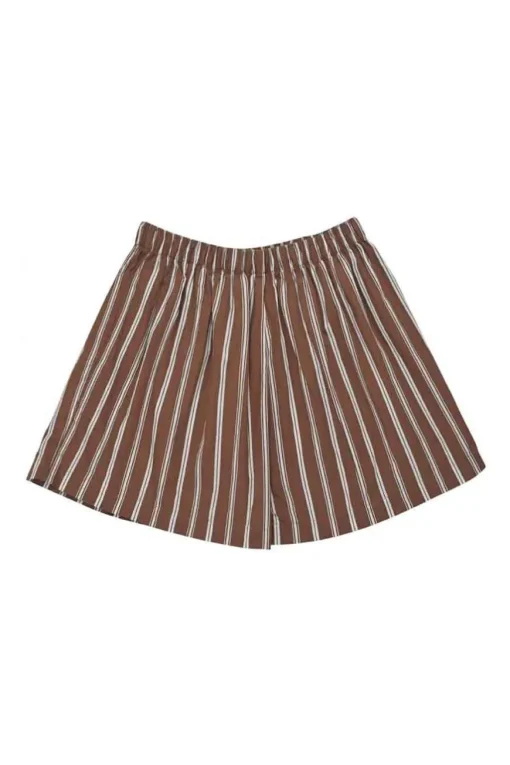 Brown striped cotton poplin spread collar button-front oversized shirt and pull-on short lounge set