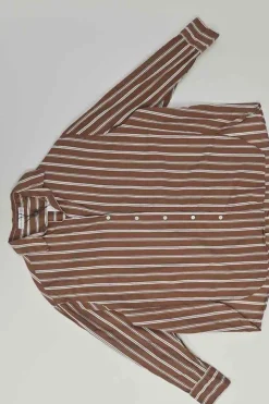 Brown striped cotton poplin spread collar button-front oversized shirt and pull-on short lounge set