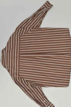 Brown striped cotton poplin spread collar button-front oversized shirt and pull-on short lounge set