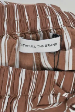 Brown striped cotton poplin spread collar button-front oversized shirt and pull-on short lounge set