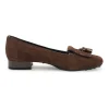 Brown suede and leather almond-toe penny loafer-style ballerinas with signature Gommino rubber soles