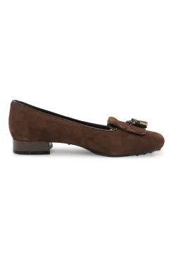 Brown suede and leather almond-toe penny loafer-style ballerinas with signature Gommino rubber soles