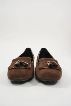 Brown suede and leather almond-toe penny loafer-style ballerinas with signature Gommino rubber soles