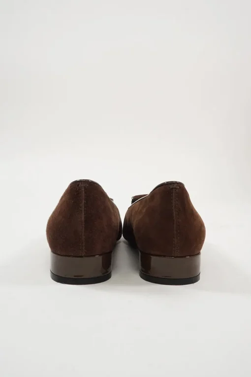 Brown suede and leather almond-toe penny loafer-style ballerinas with signature Gommino rubber soles