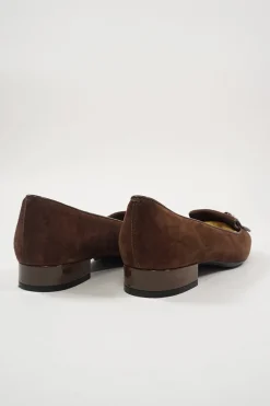 Brown suede and leather almond-toe penny loafer-style ballerinas with signature Gommino rubber soles