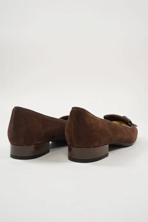 Brown suede and leather almond-toe penny loafer-style ballerinas with signature Gommino rubber soles