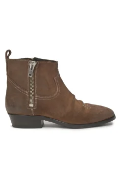 Brown suede and leather pointed-toe pull-on Western-style Chelsea boots with side zip fastening