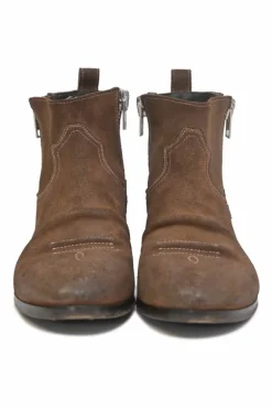 Brown suede and leather pointed-toe pull-on Western-style Chelsea boots with side zip fastening