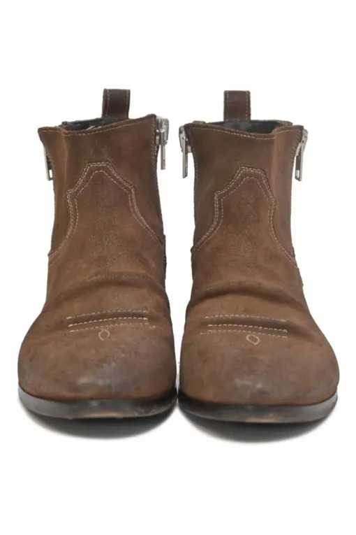 Brown suede and leather pointed-toe pull-on Western-style Chelsea boots with side zip fastening
