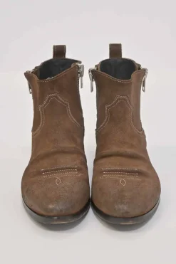Brown suede and leather pointed-toe pull-on Western-style Chelsea boots with side zip fastening