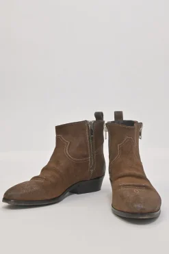 Brown suede and leather pointed-toe pull-on Western-style Chelsea boots with side zip fastening